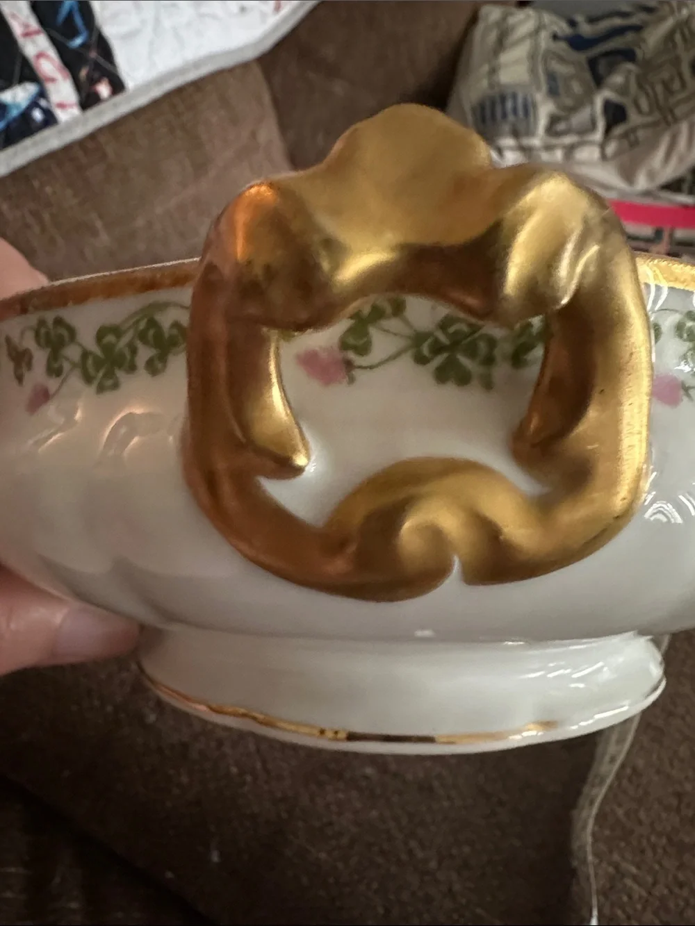 Antique Limoges Porcelain Serving Bowl with Gold Handles and Green Vine Detail